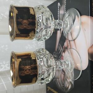 Indiana Glass Kings Crown Thumbprint Gold Flashed Rim Goblet Pair Two